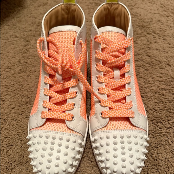 Christian Louboutin Coral and White Spiked Sneakers - Picture 2 of 3